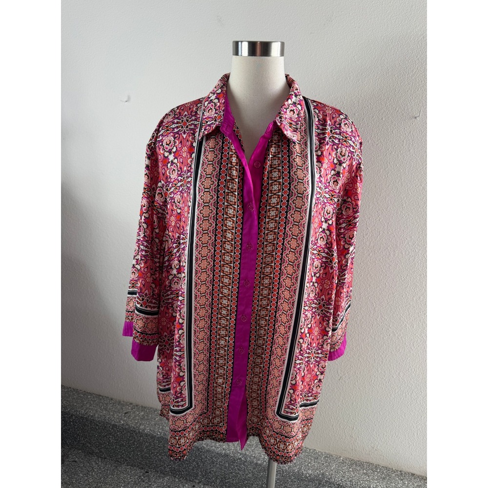 Rose + Olive Womens Plus 3X Pink Paisley Button Up Tunic Blouse Long Sleeve Top